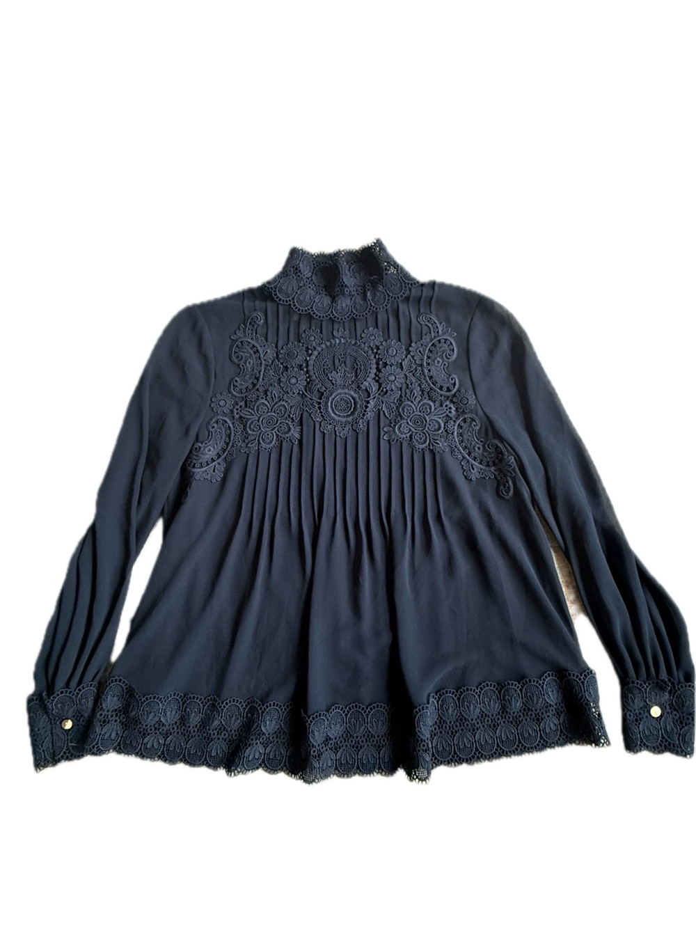 TED BAKER Lace-Yoke High Neck Blouse - Navy With Gold Button - Picture 5 of 11